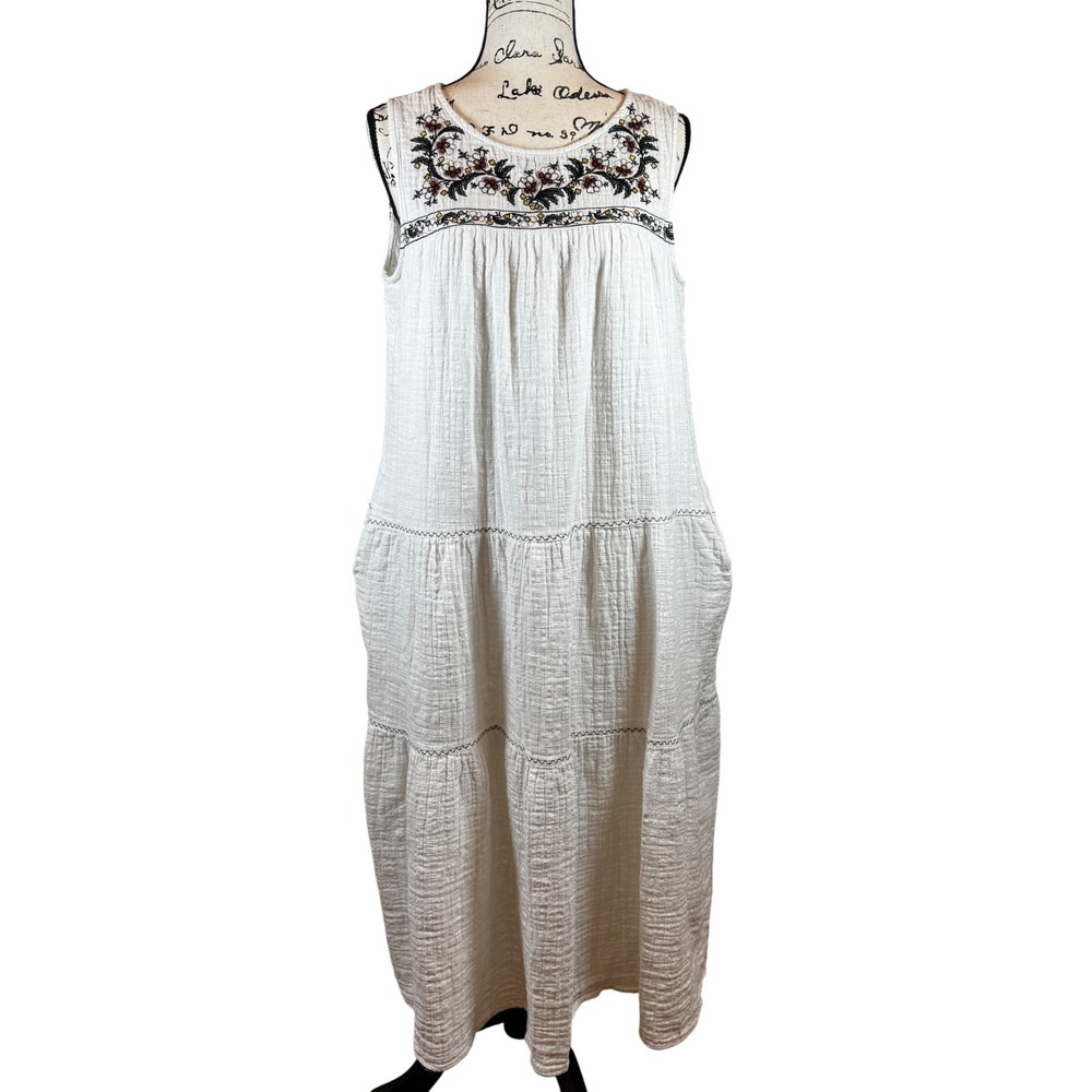 Cotton Gauze Maxi Dress Embroidered Bohemian Sleeveless White‎ Size S